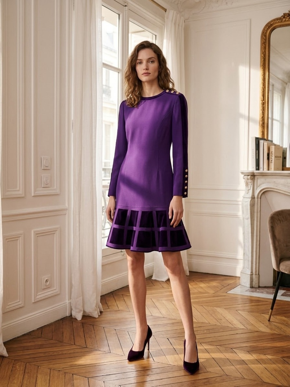 Vintage 70s-80s Louis Féraud Pure Purple Wool Corolla Dress US Size 8